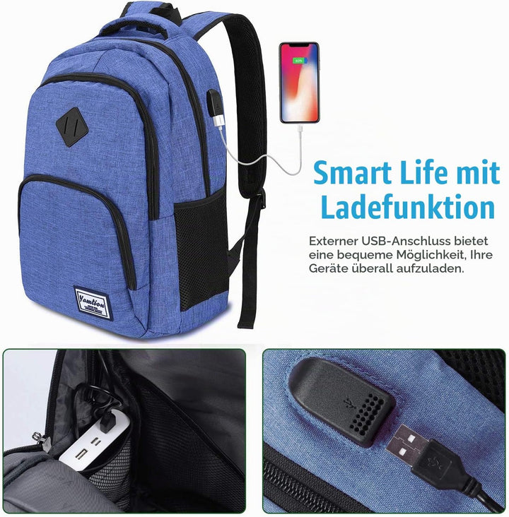 YAMTION Rucksack Herren Rucksack Schule mit USB Ladeanschluss, 15,6 Zoll Laptopfach Schulrucksack Ju