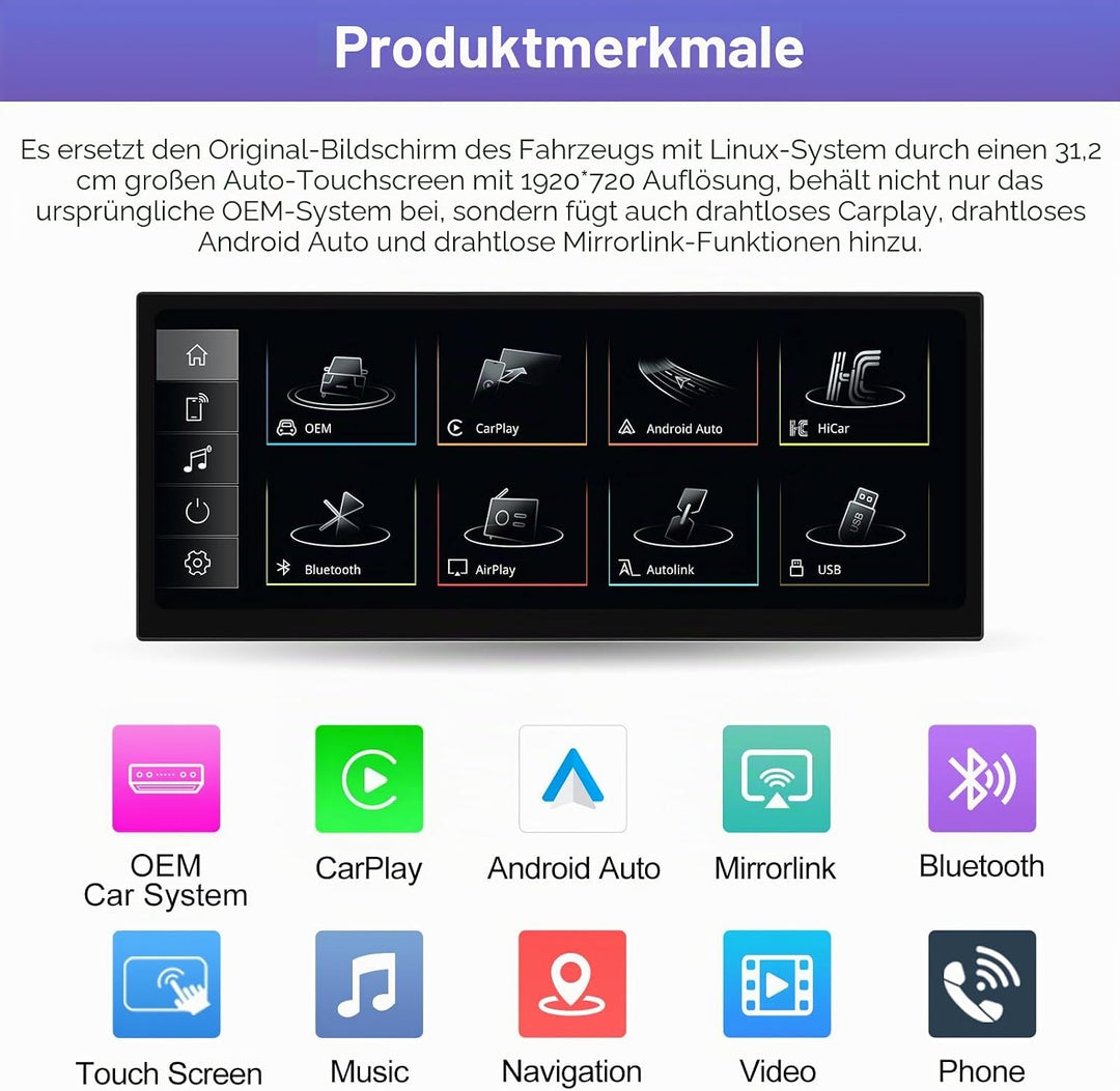 Road Top 12,3 Zoll Ultraschmaler Autoradio CarPlay für Audi A1 (2012-2018) | Linux HD Touchscreen, W