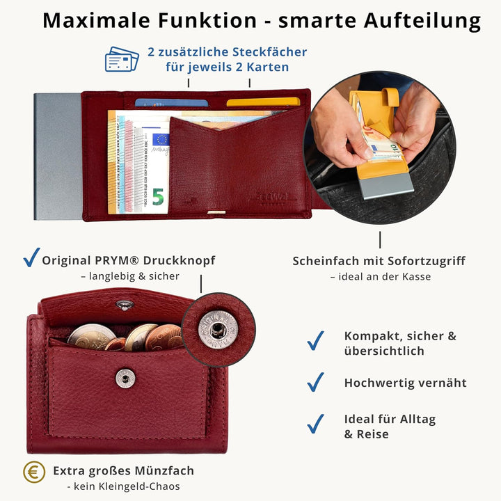 SecWal Kartenetui mit Münzfach Druckknopf inkl. Geschenkbox - Made in Germany - Echtleder Mini Geldb