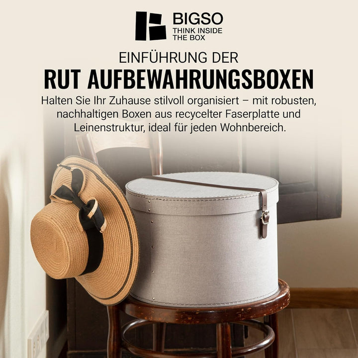 BIGSO RUT 2er-Set Aufbewahrungsbox mit Deckel – runde Ordnungsbox mit Lederriemen – grosse und klein