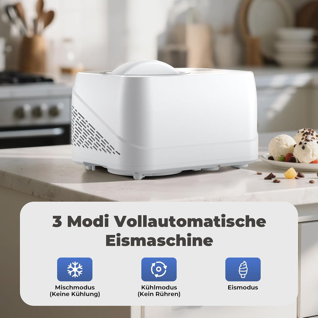 Eismaschine mit Kompressor 1L, Eismaschine Selbstkühlend mit Entnehmbarem Eisbehälter, inkl. Spatel/