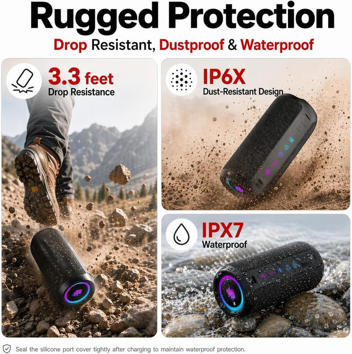 TIMU Bluetooth Lautsprecher mit Licht, Bluetooth 5.4 Musikbox, 25W Dual Lautsprecher, Dualen Bass-Tr