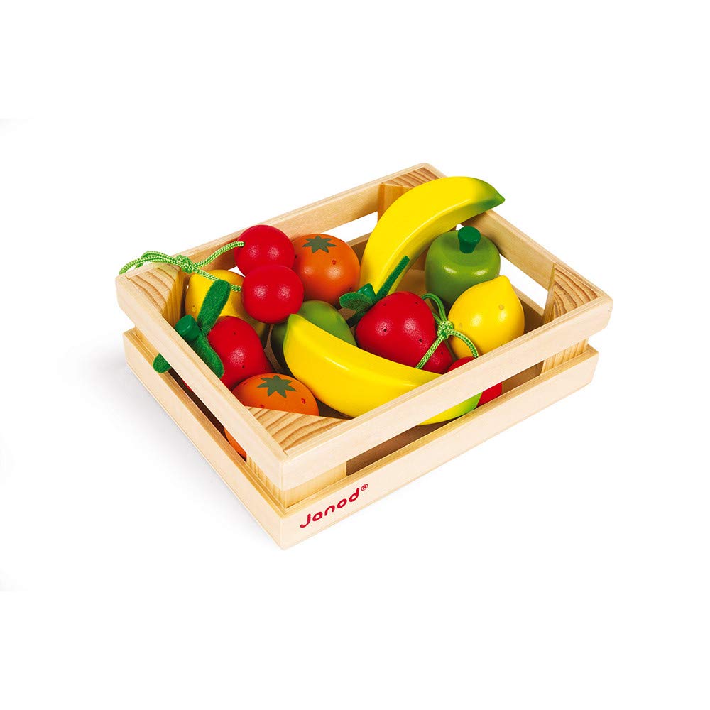 Janod - Obstkiste mit 12 Holzfrüchten, Puppen-Teeküche, Küchenset, Kaufladen-Zubehör, Spielzeugnachb