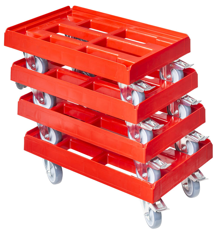 4 Stück Transportroller für Kisten 60 x 40 cm mit 2 Bremsen in rot