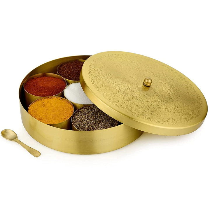 Grainex Indische Gewürzbox aus Messing, runder Masala-Kanister mit geprägtem Deckel, 7 Behälter und