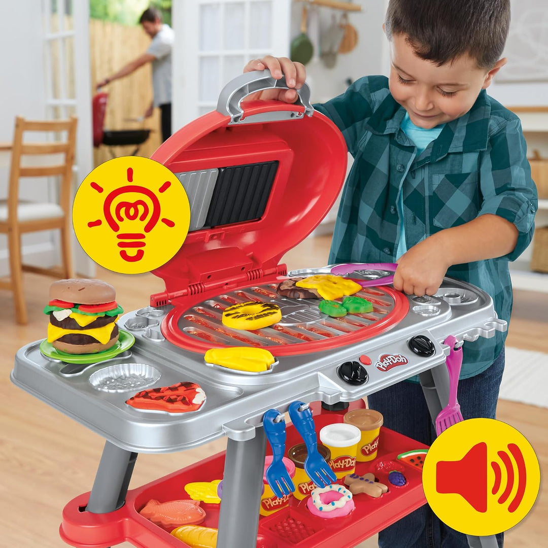 Play-Doh Grillparty Spielzeug, Grill-Station mit Formen, Accessoires und 6 Dosen Knete zum Basteln,