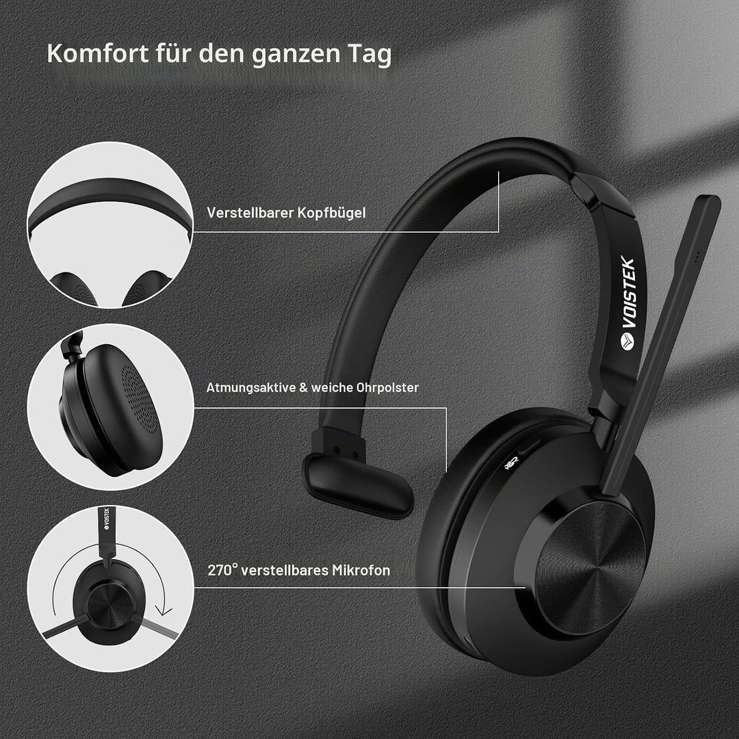 Voistek On-Ear Wireless Headset mit Bluetooth & USB-Dongle – 50 Std. Akkulaufzeit, Geräuschunterdrüc