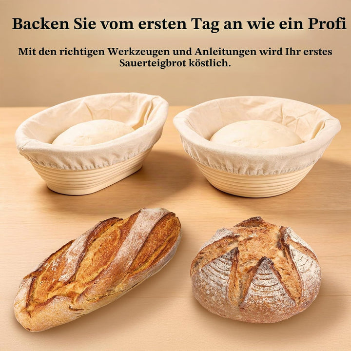 Sauerteig Starter Set – Faltbare Silikon Gärkörbchen (rund &amp; oval) mit Stoffauskleidung, Brotmesser