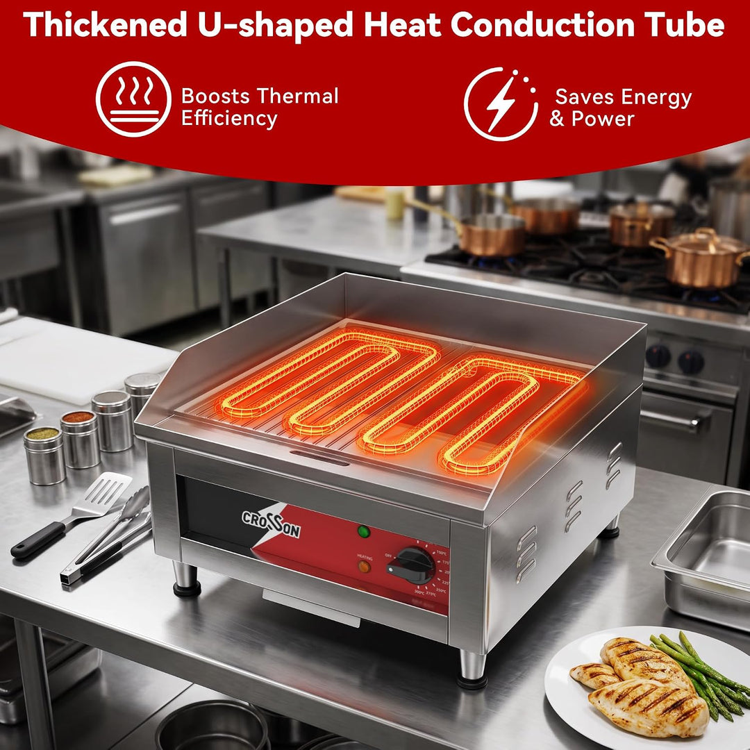 CROSSON Profi Gastro Grillplatte Elektrisch mit halb glatter und halb gerillter Grillfläche (40 x 40
