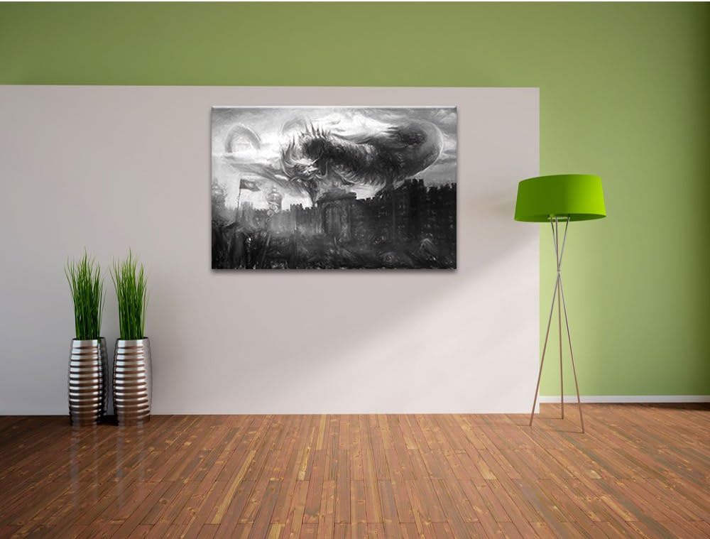 Pixxprint Drache über der Festung als Leinwandbild/Grösse: 100x70 / Wandbild/Kunstdruck/fertig bespa