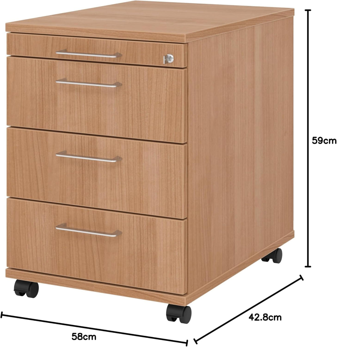 bümö Rollcontainer mit Schubladen, Container abschliessbar aus Holz in Nussbaum - Rollwagen für's Bü