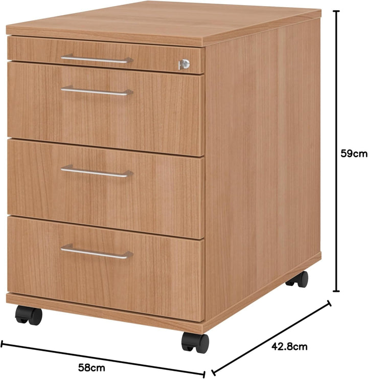 bümö Rollcontainer mit Schubladen, Container abschliessbar aus Holz in Nussbaum - Rollwagen für's Bü