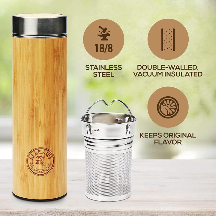 LeafLife Teeflasche mit Sieb to Go - 500ml Tea infuser aus Bambus - Teeflasche to go für Teeblätter