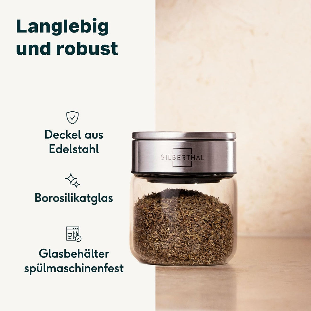 SILBERTHAL Gewürzglas 4er Set 2x 100ml, 2x 200ml Rund - mit Klickdeckel stapelbar - Vorratsglas mott