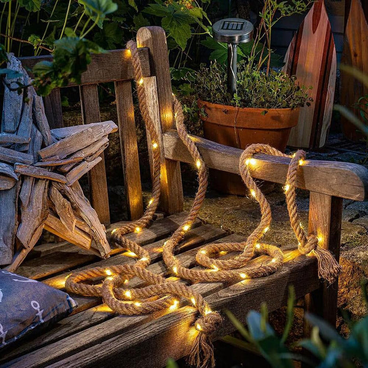 Lunartec Solar-Jute-Lichterkette: Solar-Seil-Lichterkette aus Naturfasern mit 60 eingearbeiteten LED