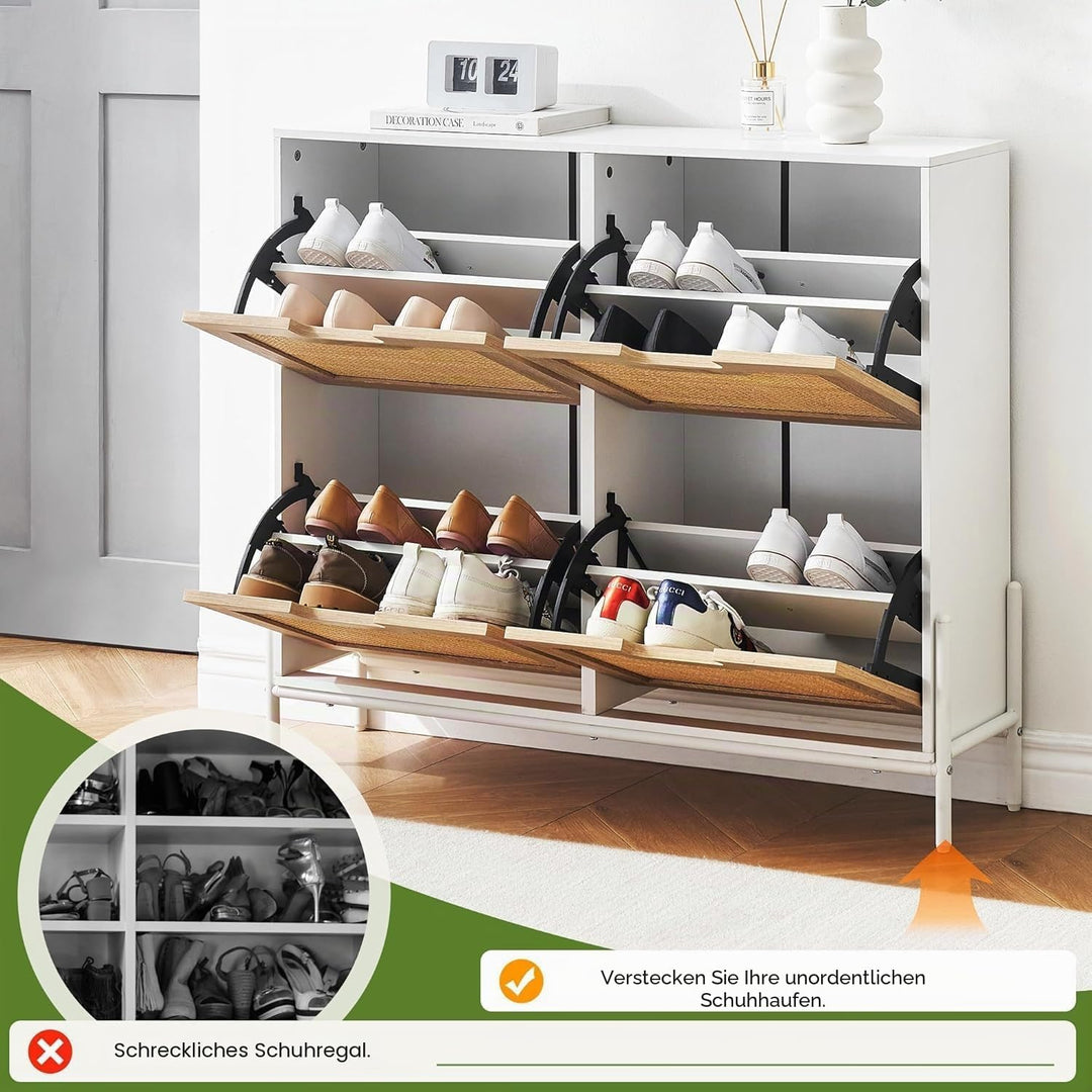 Litake Schuhschrank Schuhkommode mit 4 Rattan Klappen, Schuhkipper Schuhschrank Schuhregal Schmal mi