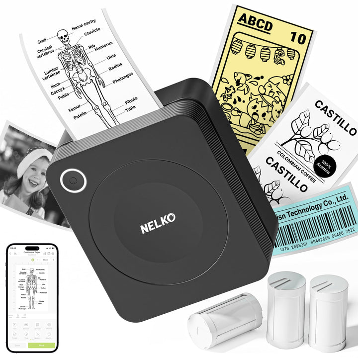 Nelko Aufkleber Drucker, PM230 Mini Drucker Bluetooth Portabel Sticker Maker mit 3 Rollen Papier, fü