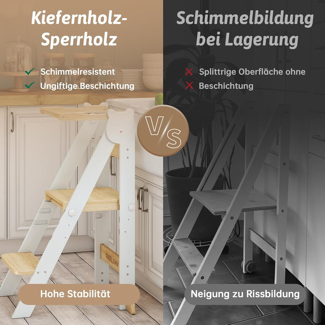 Lernturm Klappbar & 3-Fach Höhenverstellbar - Kippsicherer Learning Tower aus Kiefernholz - Mitwachs