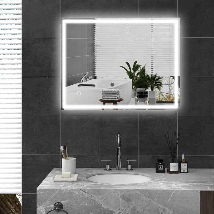 HOMCOM Badspiegel mit Beleuchtung 90x70 cm LED Spiegel Wandspiegel mit Memory-Funktion 3 Lichtfarben