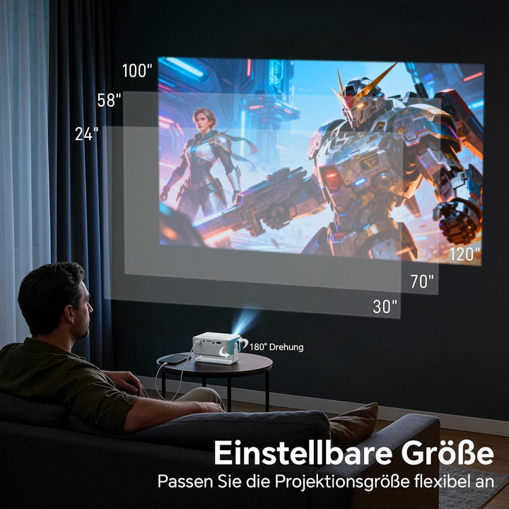 WOLFANG Mini Beamer, Tragbarer Projektor mit 1080P Eingabeunterstützung, nativer 720P Auflösung, Aut
