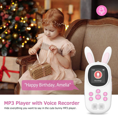 16GB Bluetooth MP3 Player , Niedlicher Hase Kinder Musik Player mit Kopfhörer & Lautsprecher, mit FM