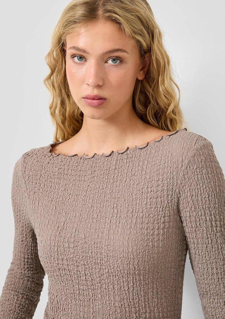QS Damen Strukturiertes Langarmshirt T-Shirt Langarm XL 9625_hellbraun, XL 9625_hellbraun