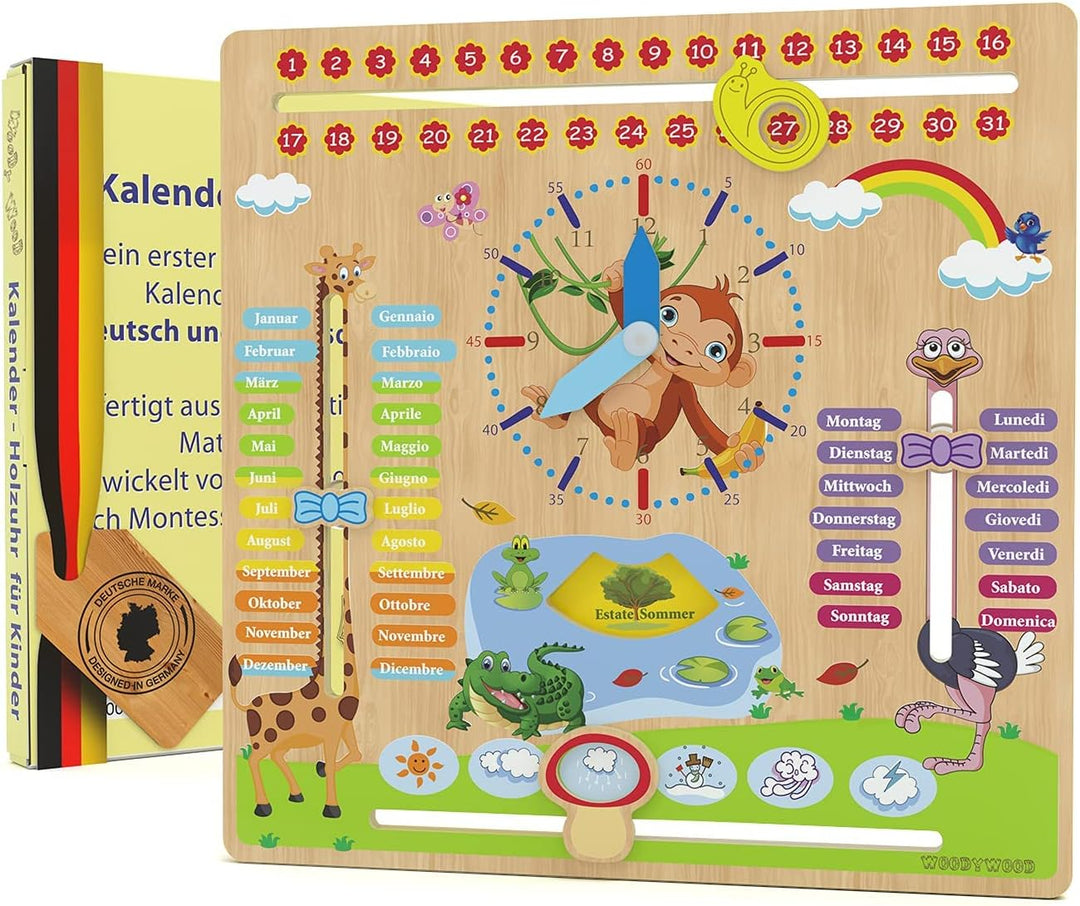 WoodyWood® Kalenderuhr für Kinder - Lernuhr aus Holz, zweisprachig, 30 X 30 cm - Montessori Jahresuh