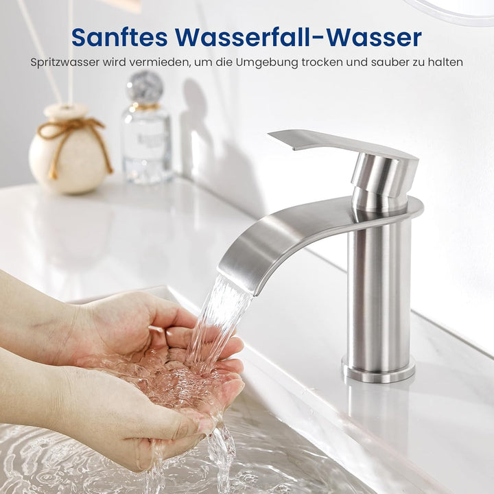 CECIPA Wasserhahn Bad Gebürstet, Edelstahl Waschtischarmatur mit Auslauf Höhe 86 MM, Waschbecken Arm