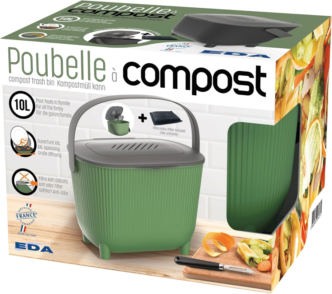 EDA - 10 Liter Komposteimer mit Kohlefilter - XXL Öffnung - Geruchsfilter - Modernes Design - Kaktus