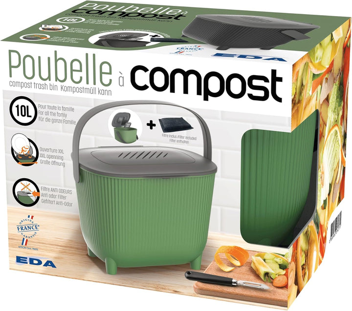 EDA - 10 Liter Komposteimer mit Kohlefilter - XXL Öffnung - Geruchsfilter - Modernes Design - Kaktus