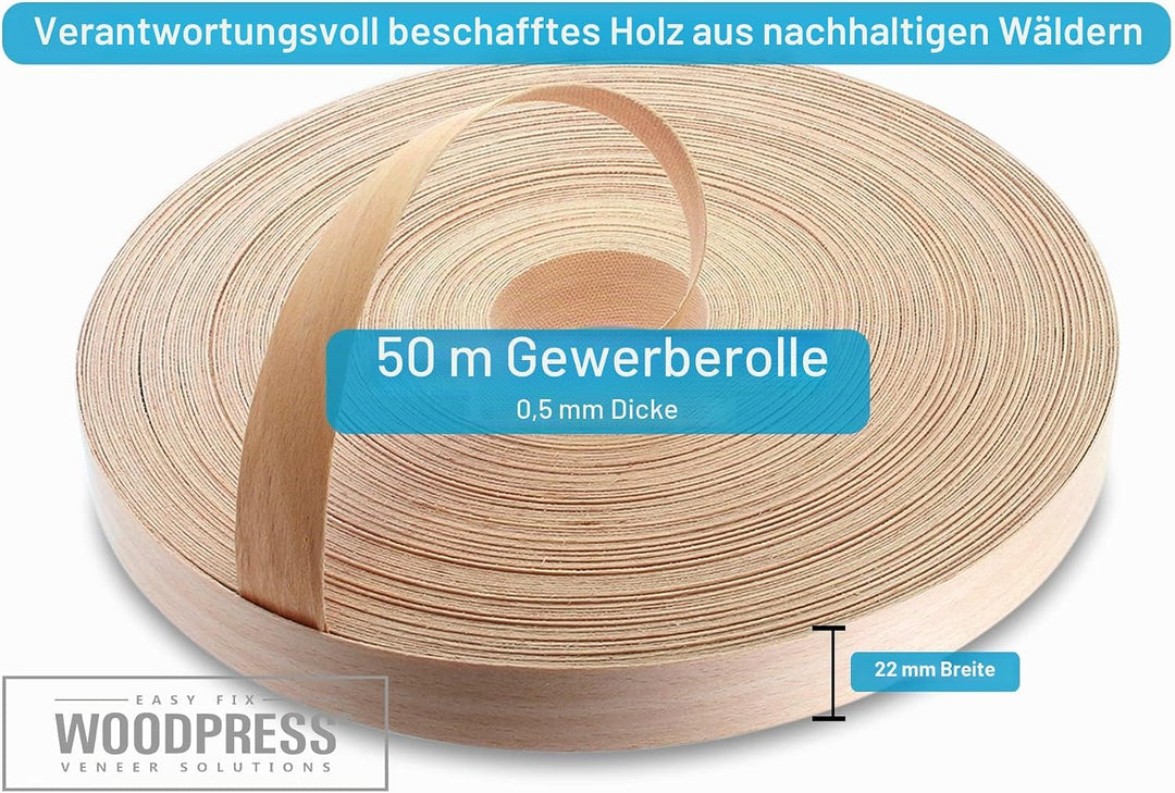 WoodPress 22mm Gedämpfte Buche Echt Vorgeklebtes Furnier-Randband - 50m Rolle für die Industrie Geho