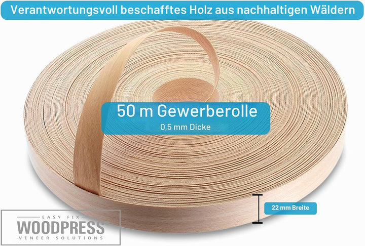 WoodPress 22mm Gedämpfte Buche Echt Vorgeklebtes Furnier-Randband - 50m Rolle für die Industrie Geho