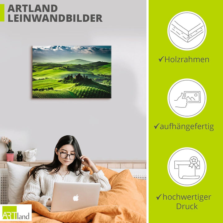 ARTland Leinwandbilder Wandbild Bild auf Leinwand 120x80 cm Landschaften Felder Fotografie Grün Sonn