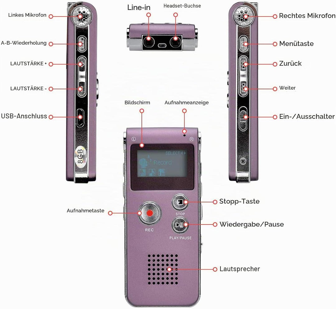Lychee 8GB LCD Bildschirm Digitales Diktiergerät Aufnahmegerät Sprachaufnahme Audiorekorder Voice Re