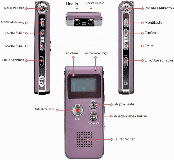 Lychee 8GB LCD Bildschirm Digitales Diktiergerät Aufnahmegerät Sprachaufnahme Audiorekorder Voice Re