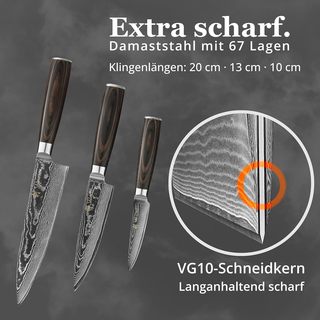 Wakoli EDIB Essentials 3er Küchenmesser Set mit 8-17cm Klingen I 67 Lagen Damaststahl I Chefmesser,
