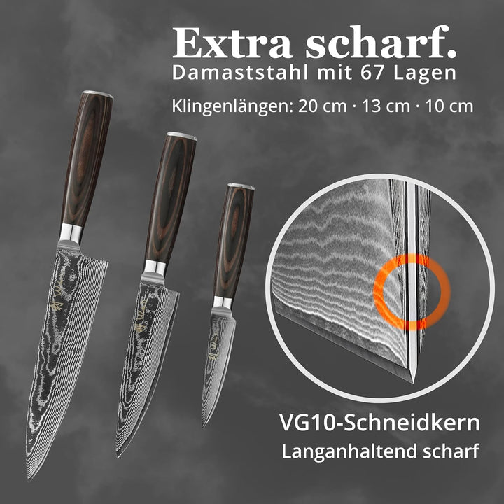 Wakoli EDIB Essentials 3er Küchenmesser Set mit 8-17cm Klingen I 67 Lagen Damaststahl I Chefmesser,