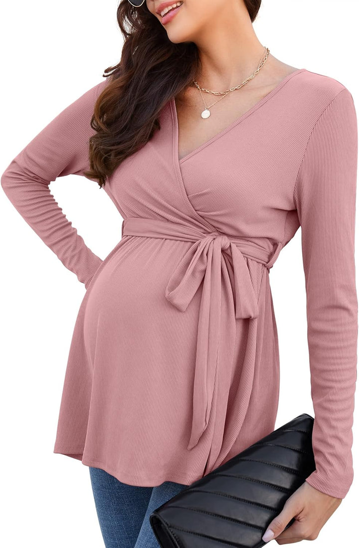 KOJOOIN Damen Stillshirt Schwangerschaftsshirt V-Ausschnitt Umstandsshirt Langarm Nursing Tops mit G
