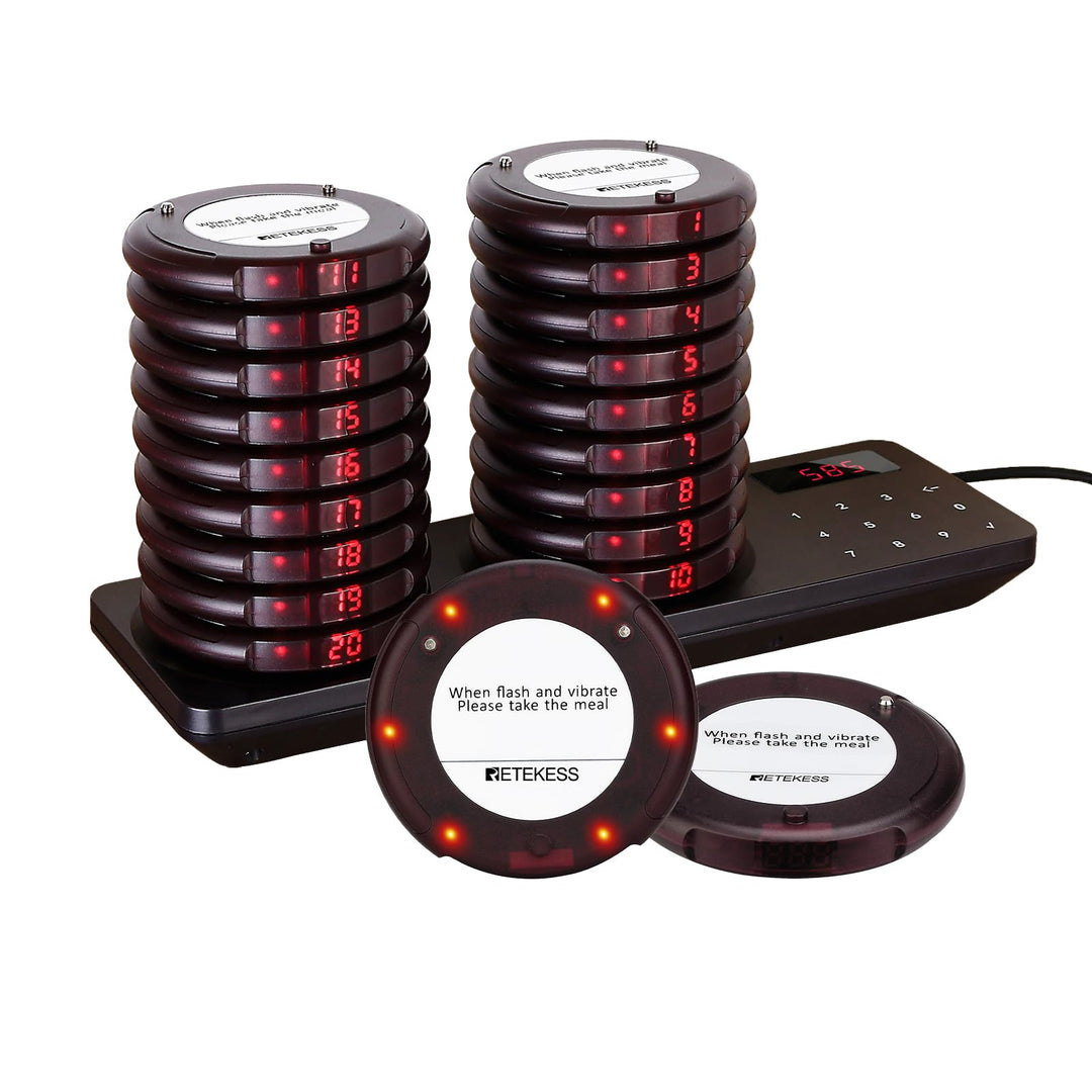 Retekess TD163 Pager System, Mini Restaurant Pager, 20 Untersetzer, Edelstahl-Ladegerät, 4 Anrufmodi