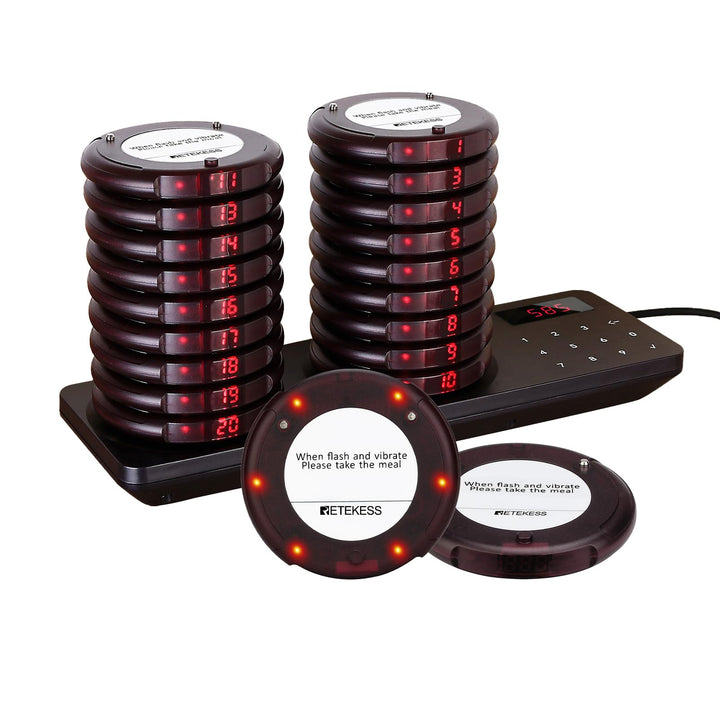 Retekess TD163 Pager System, Mini Restaurant Pager, 20 Untersetzer, Edelstahl-Ladegerät, 4 Anrufmodi