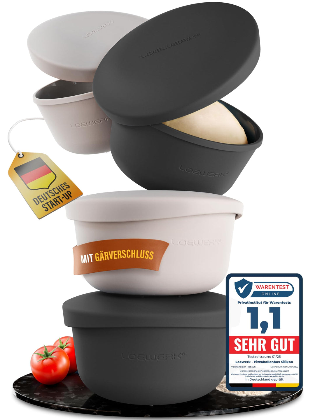 LOEWERK Pizzaballenbox mit Deckel – 4er Set – atmungsaktive Teigbox für perfekten Pizzateig - platzs