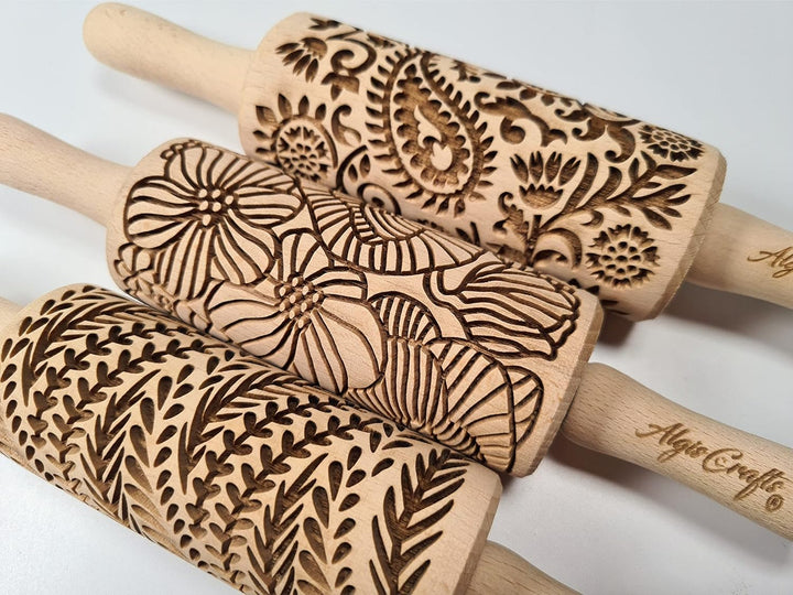 Blumen 3-er Set Kinder Nudelhölzer für hausgemachtes Gebäck. Teigrolle mit Mohn, Paisley, Blume, Flu