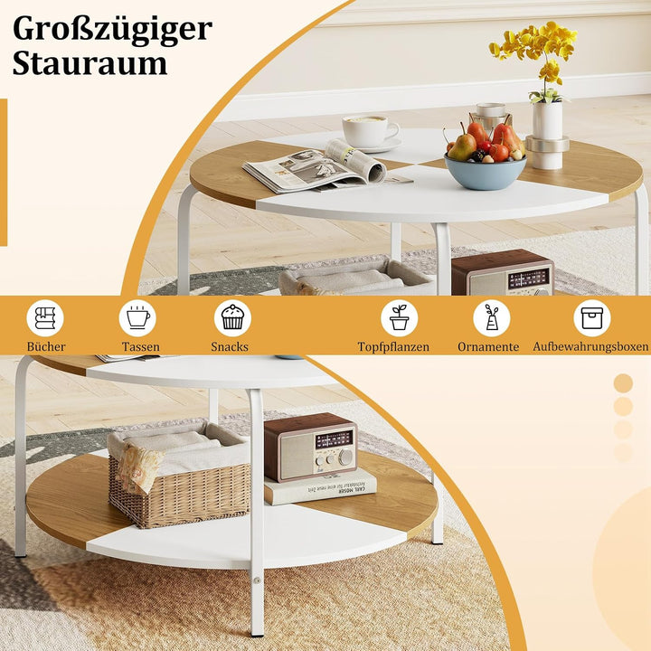 COSTWAY Couchtisch rund, 80 cm Wohnzimmertisch 2 Ebenen, Kaffeetisch Holz