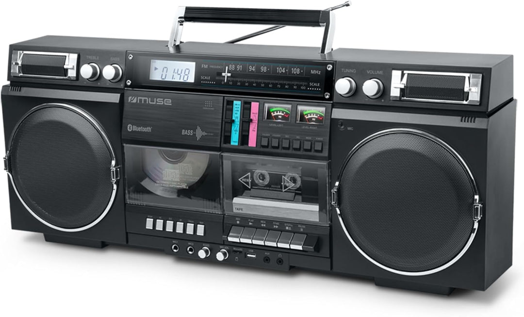 MUSE Bluetooth Retro Boombox mit Radio, CD, Kassettenrekorder, 80W Ausgangsleistung, USB, Aux, Micro