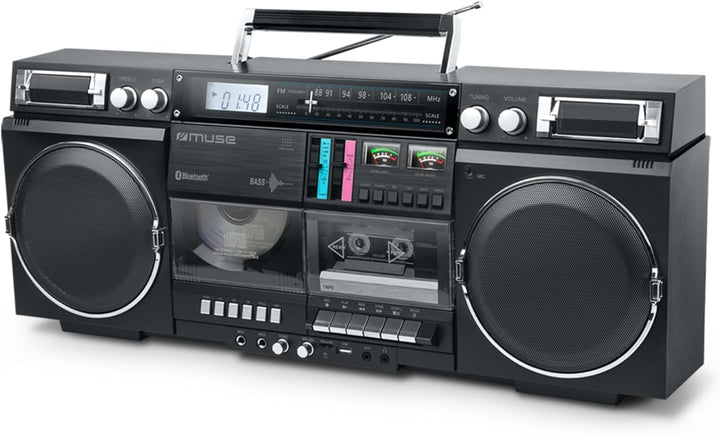 MUSE Bluetooth Retro Boombox mit Radio, CD, Kassettenrekorder, 80W Ausgangsleistung, USB, Aux, Micro