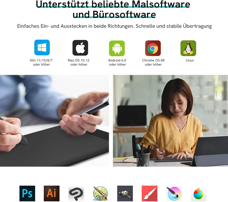 Grafiktablett VEIKK A30 V2 mit 4 Sensortasten und einem Gestenpad, 10x6 Zoll Pen Tablet mit Batterie