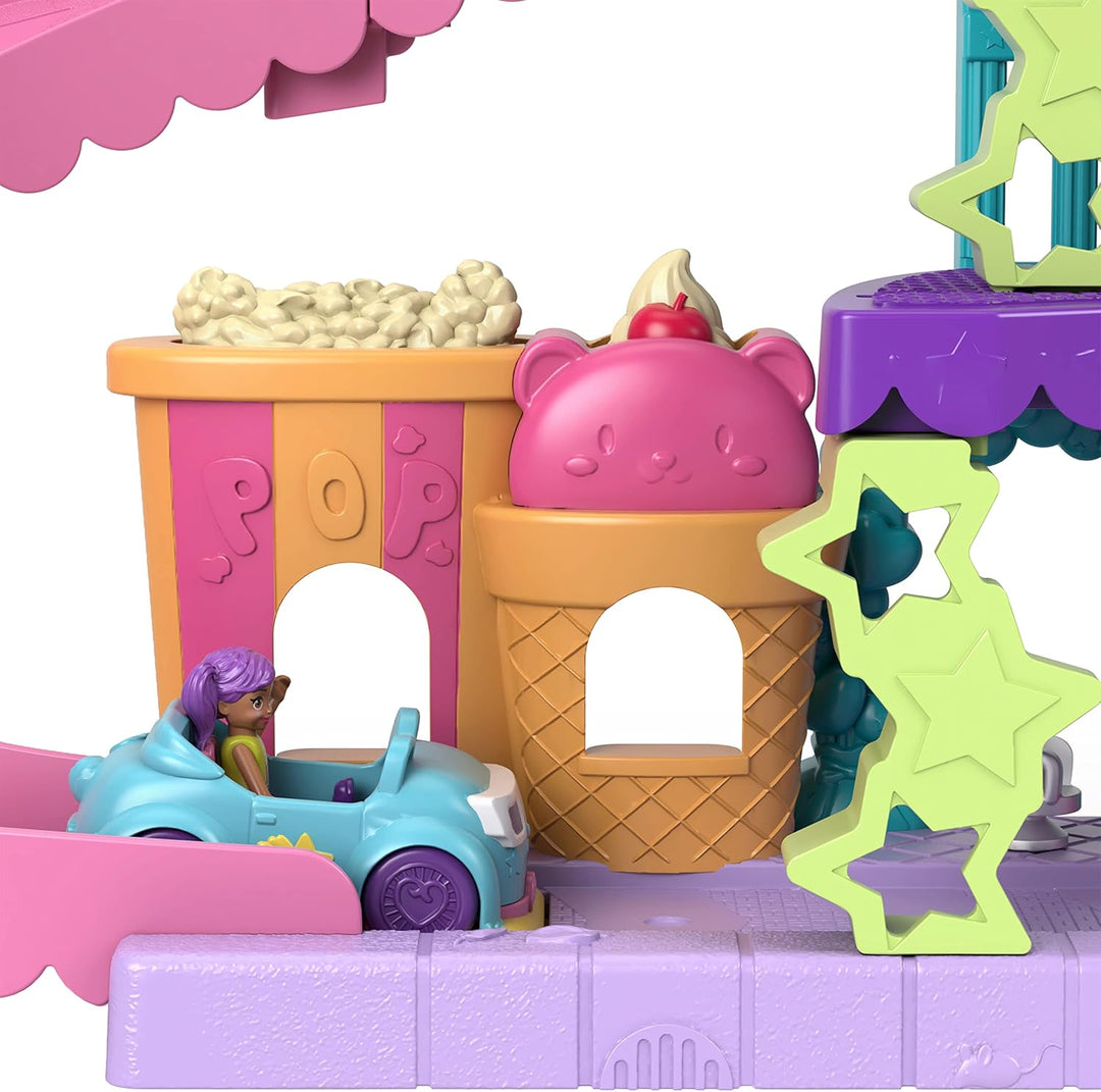 Polly Pocket Pollyville Drive-In-Kino - 2 Puppen, 1 Spielzeugauto, 11 Zubehörteile, 3 Stockwerke, Au