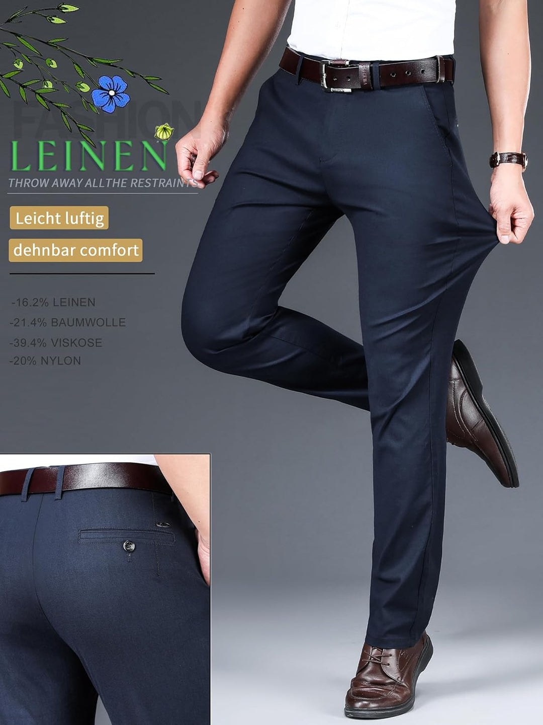 ziilay Stilvolle Herren leichte Sommerhose Stretch Business Anzughose mit Bambusfaser Leinen Männer