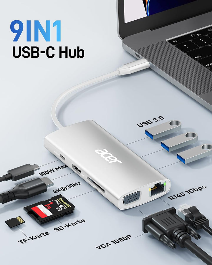 Acer USB-C-Hub mit 4K HDMI, 9-in-1-USB-C-zu-Ethernet-Adapter, 5-Gbps-USB-A-3.1-Dockingstation, PD-10