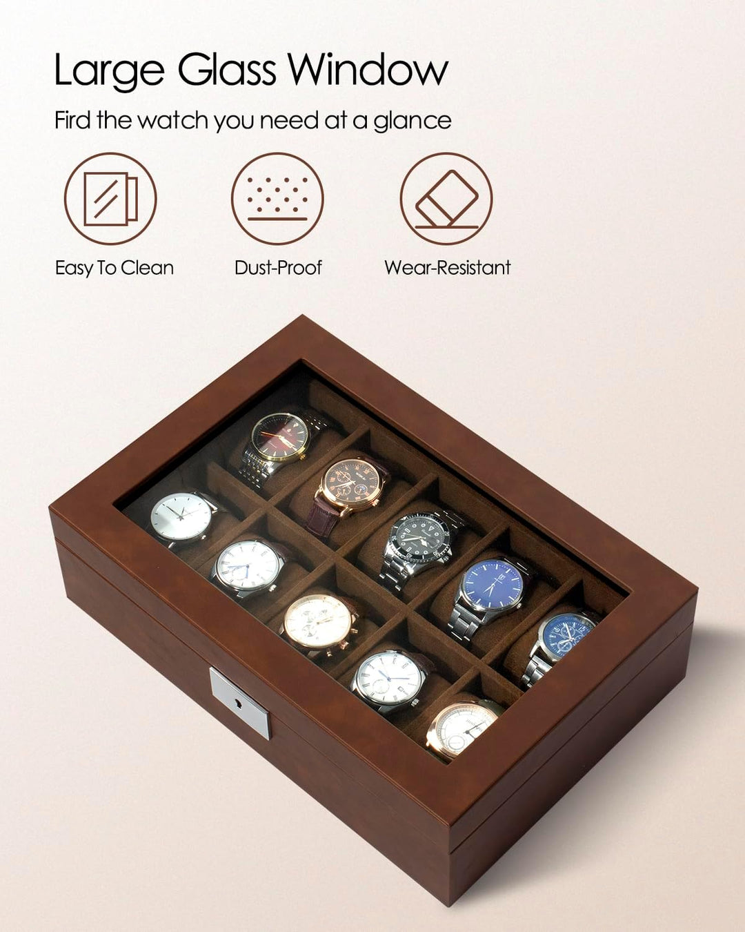 KILHS Uhrenbox 10 uhren aufbewahrungsbox, Uhrenschachtel mit 10 Herausnehmbaren uhrenhalter， watch b